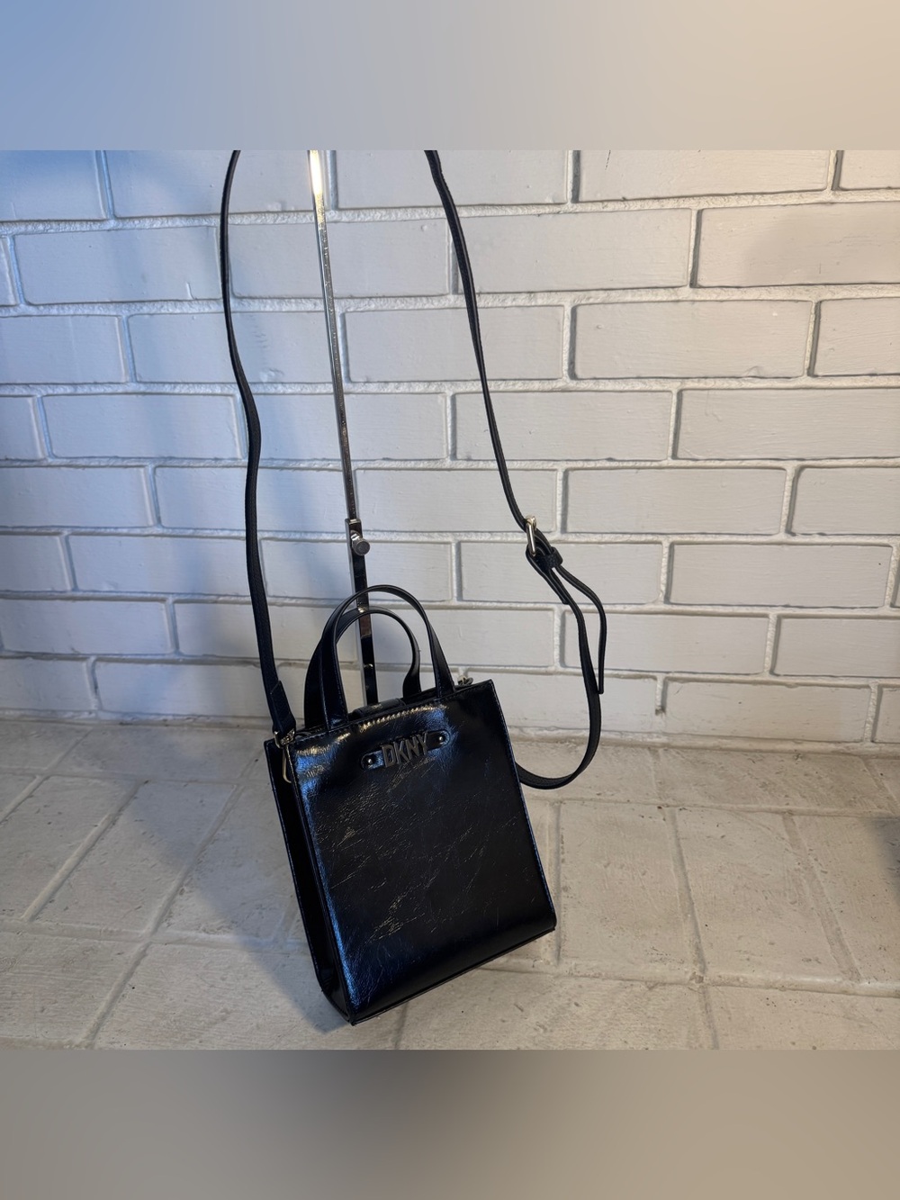 DKNY Black Crinkled Glazed Leather Mini Tote Bag